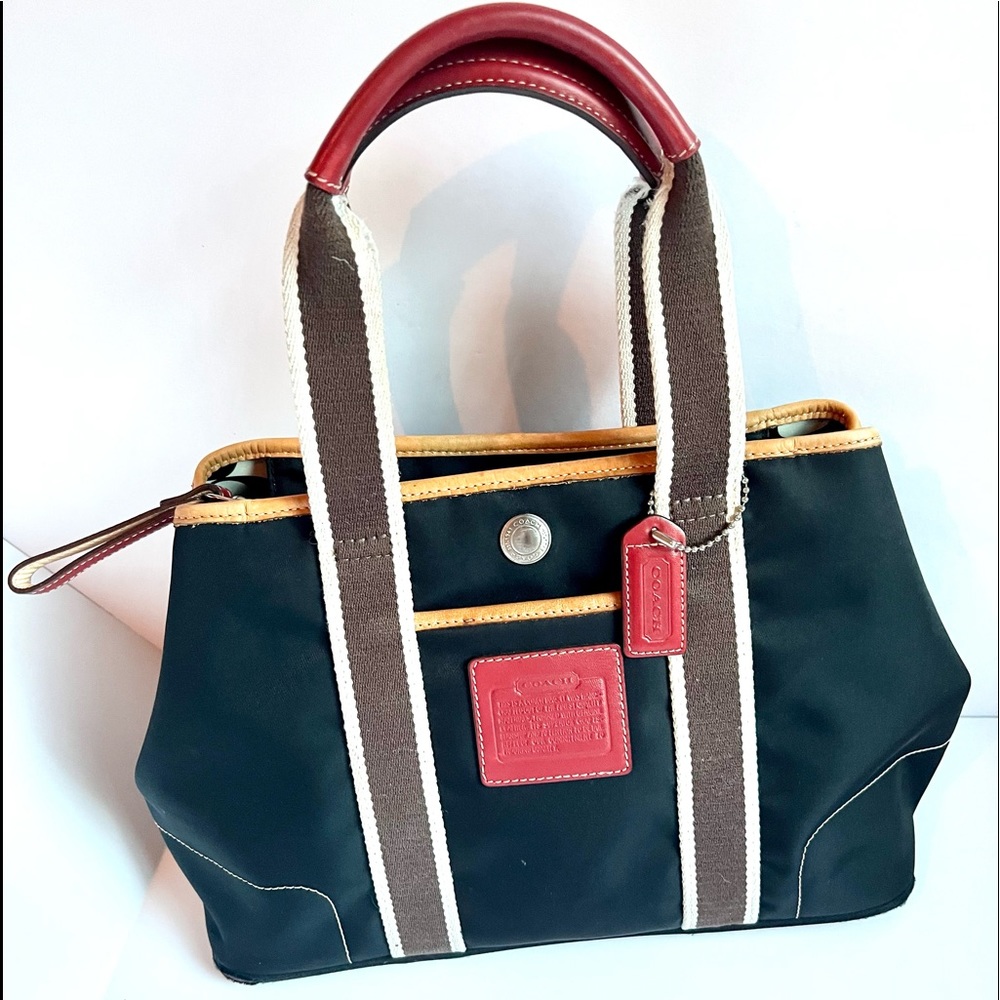 COACH Rare Vintage Purse Black with brown red and white striped handles